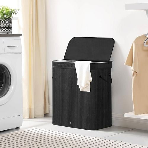 Black Bamboo Wood 26-Gal Laundry Hamper Basket w/ Removable Washable