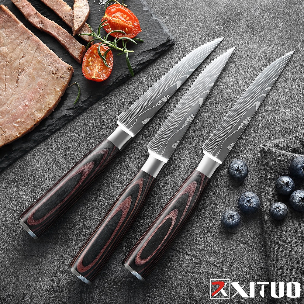 XITUO Sharp Steak Knife Set 7CR17 Stainless Steel Serrated Meat Slicing Knife Multipurpose Restaurant Cutlery Chef Knives 1-6Pcs
