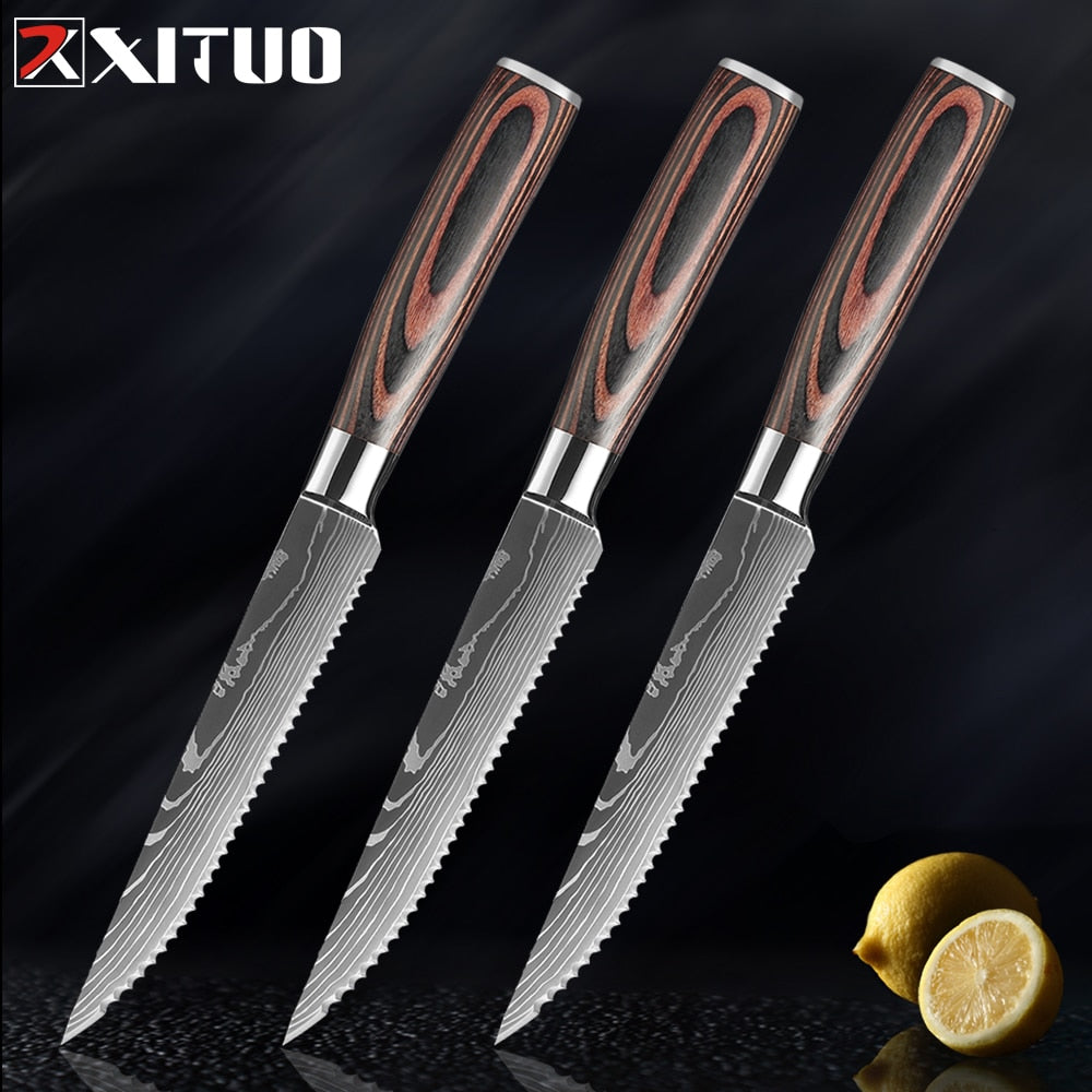 XITUO Sharp Steak Knife Set 7CR17 Stainless Steel Serrated Meat Slicing Knife Multipurpose Restaurant Cutlery Chef Knives 1-6Pcs