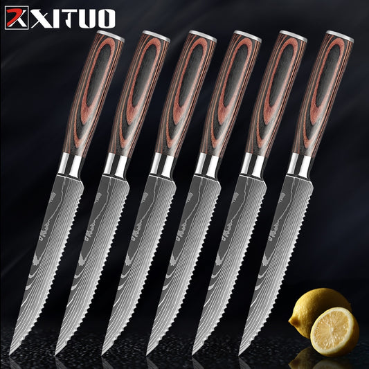 XITUO Sharp Steak Knife Set 7CR17 Stainless Steel Serrated Meat Slicing Knife Multipurpose Restaurant Cutlery Chef Knives 1-6Pcs