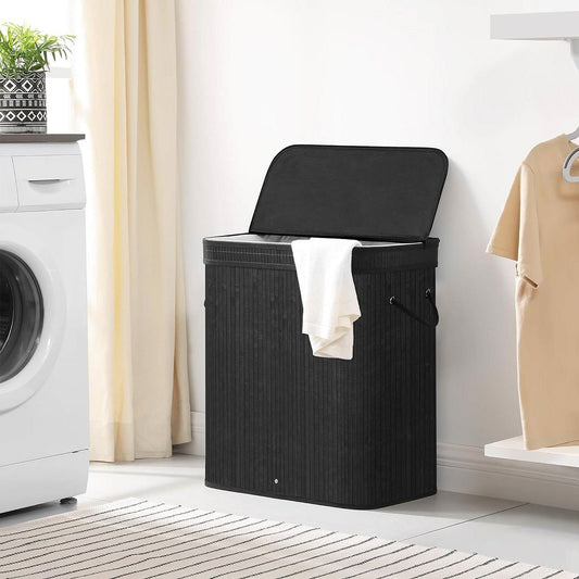 Black Bamboo Wood 26-Gal Laundry Hamper Basket w/ Removable Washable
